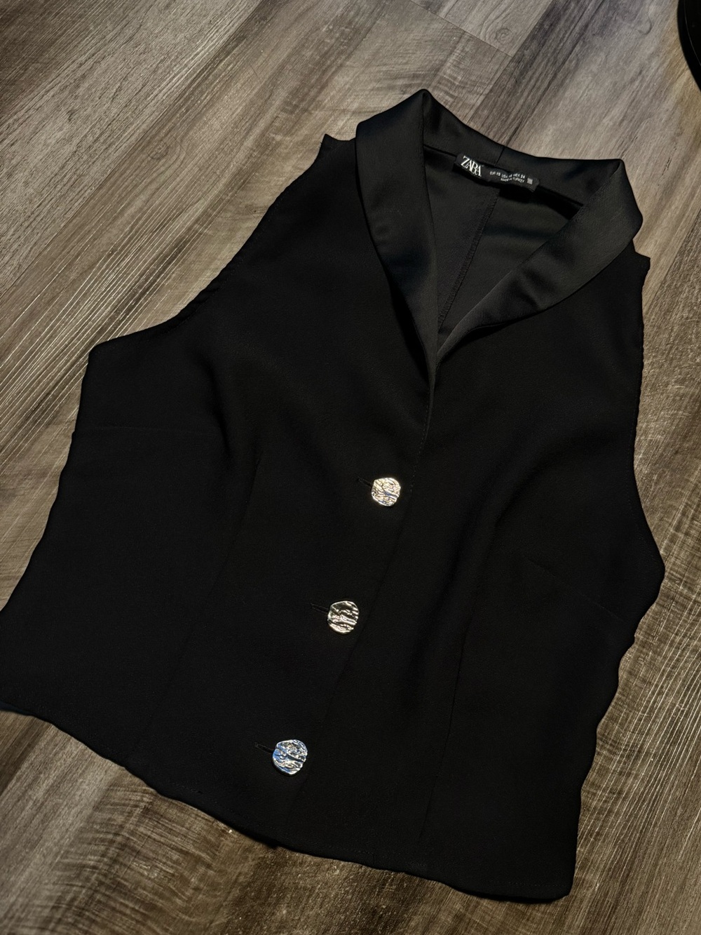 Zara Black Satin-Collar Sleeveless Button Vest